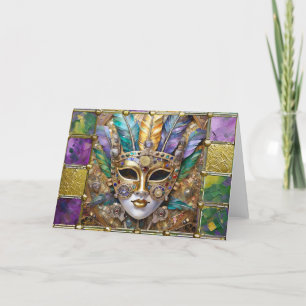 Mardi Gras Gold & Ceramic Colorful Feather Mask Holiday Card