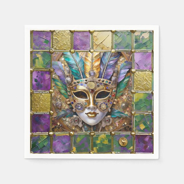 Mardi Gras Gold & Ceramic Colorful Feather Mask Napkins (Front)