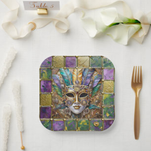 Mardi Gras Gold & Ceramic Colorful Feather Mask Paper Plates