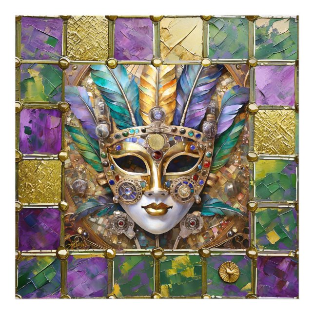 Mardi Gras Gold & Ceramic Colorful Feather Mask Photo Print (Front)