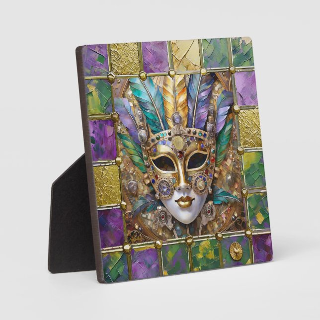 Mardi Gras Gold & Ceramic Colorful Feather Mask Plaque (Front)