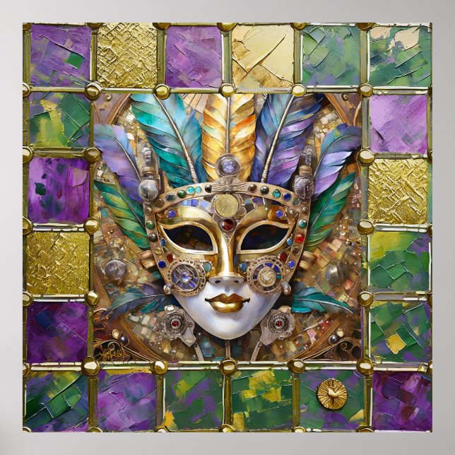 Mardi Gras Gold & Ceramic Colorful Feather Mask Poster (Front)