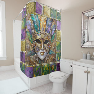 Mardi Gras Gold & Ceramic Colorful Feather Mask Shower Curtain