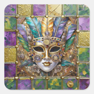 Mardi Gras Gold & Ceramic Colorful Feather Mask Square Sticker