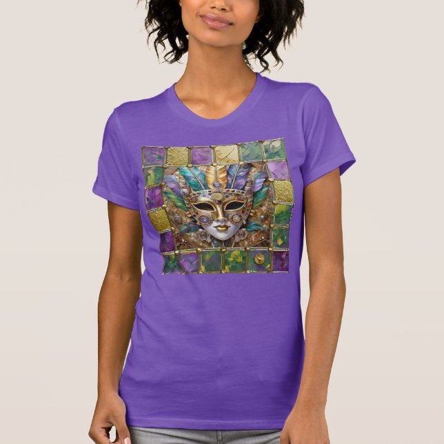 Mardi Gras Gold & Ceramic Colorful Feather Mask T-Shirt (Front)