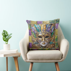 Mardi Gras Gold & Ceramic Colorful Feather Mask Throw Pillow