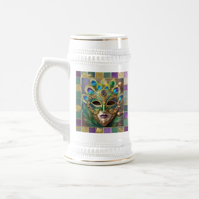Mardi Gras Gold Ceramic Peacock Feather Mask Beer Stein (Left)