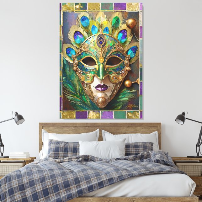 Mardi Gras Gold Ceramic Peacock Feather Mask Canvas Print (Insitu(Bedroom))