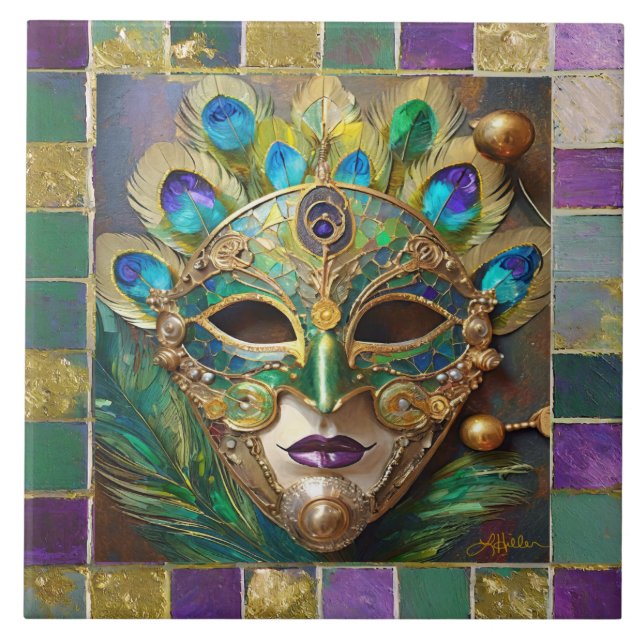 Mardi Gras Gold Ceramic Peacock Feather Mask Ceramic Tile (Front)
