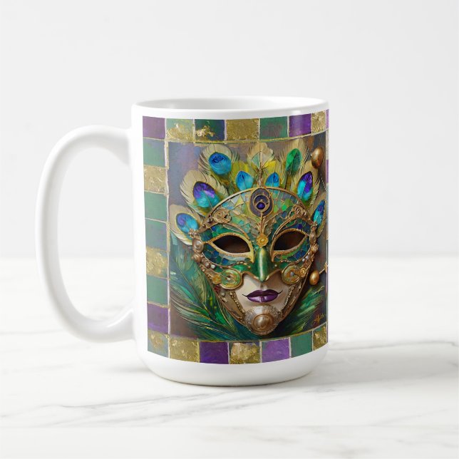 Mardi Gras Gold Ceramic Peacock Feather Mask Coffee Mug (Left)