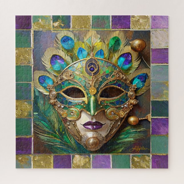 Mardi Gras Gold Ceramic Peacock Feather Mask Jigsaw Puzzle (Vertical)