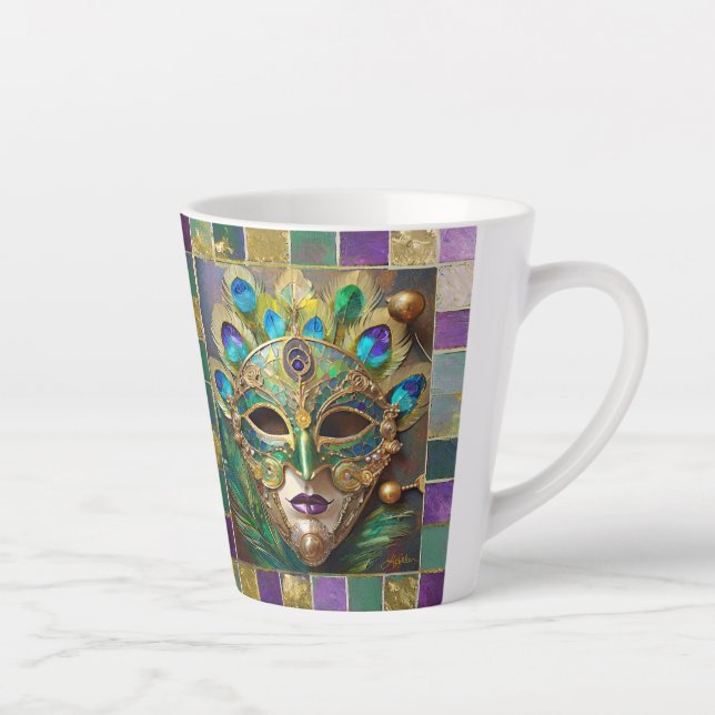 Mardi Gras Gold Ceramic Peacock Feather Mask Latte Mug (Right)
