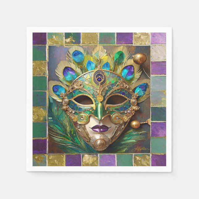 Mardi Gras Gold Ceramic Peacock Feather Mask Napkins (Front)