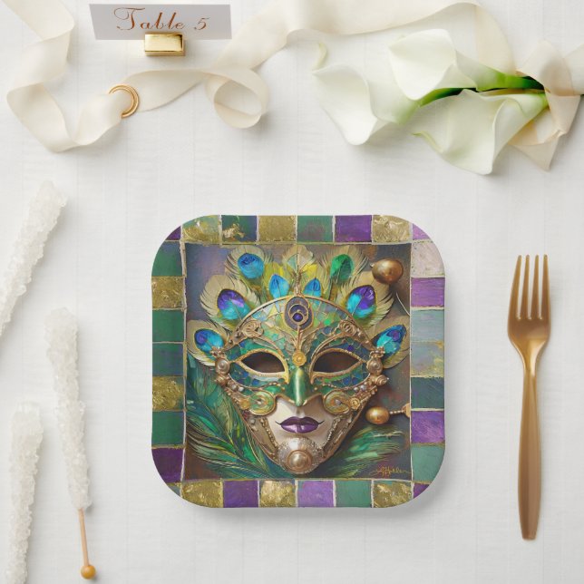 Mardi Gras Gold Ceramic Peacock Feather Mask Paper Plates (Wedding)