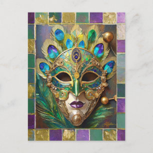 Mardi Gras Gold Ceramic Peacock Feather Mask Postcard