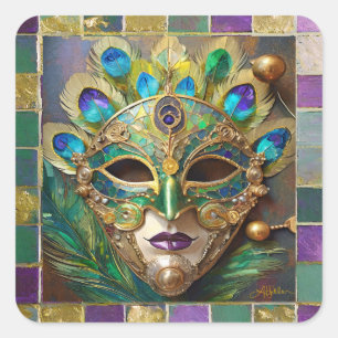 Mardi Gras Gold Ceramic Peacock Feather Mask Square Sticker