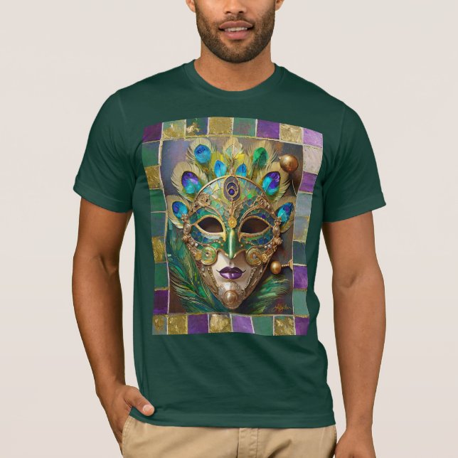 Mardi Gras Gold Ceramic Peacock Feather Mask T-Shirt (Front)