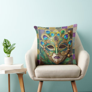 Mardi Gras Gold Ceramic Peacock Feather Mask Throw Pillow