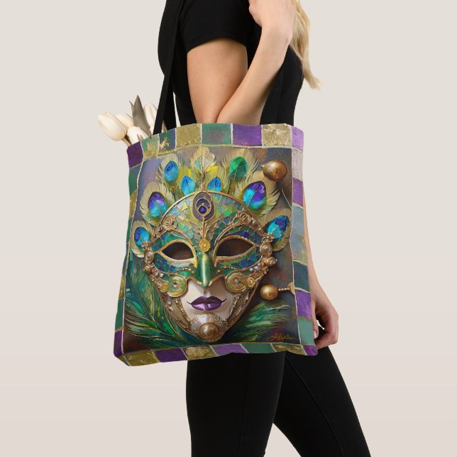 Mardi Gras Gold Ceramic Peacock Feather Mask Tote Bag (Close Up)