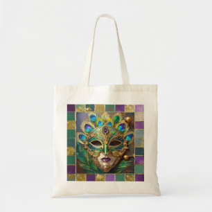 Mardi Gras Gold Ceramic Peacock Feather Mask Tote Bag