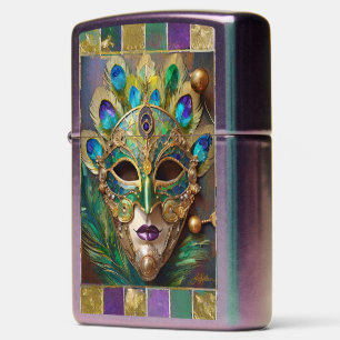Mardi Gras Gold Ceramic Peacock Feather Mask Zippo Lighter