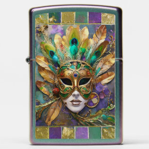 Mardi Gras Gold Ceramic Peacock Feather Mask Zippo Lighter