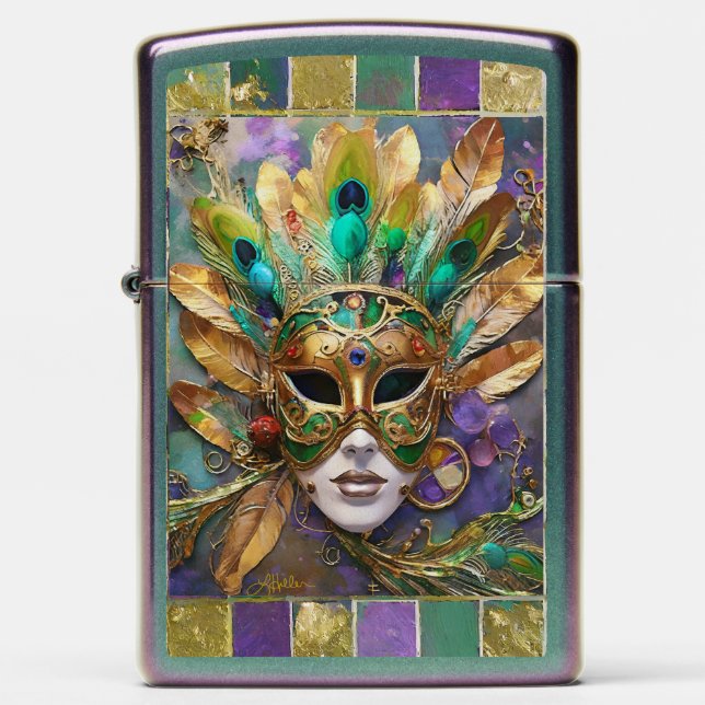 Mardi Gras Gold Ceramic Peacock Feather Mask Zippo Lighter (Front)