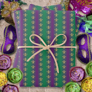 Mardi Gras Gold Fleur-De-Lis on Purple and Green Wrapping Paper Sheets
