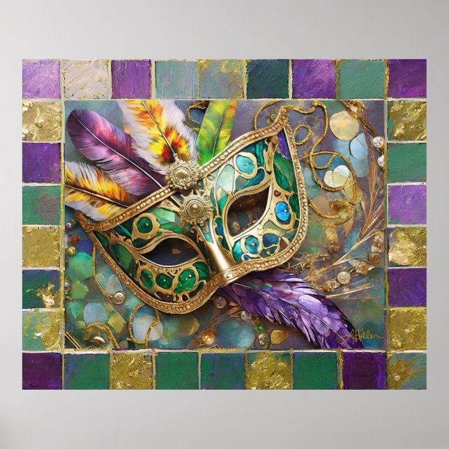 Mardi Gras Gold & Green Colorful Feathers Mask Poster (Front)