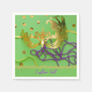 Mardi Gras Gold Mask Purple Beads Personalized Napkins