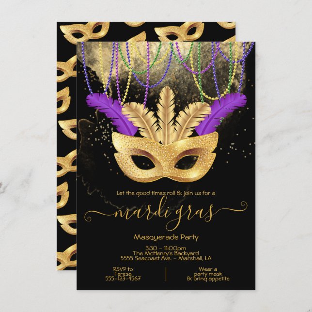 Mardi Gras Gold Masquerade Party Invitation (Front/Back)