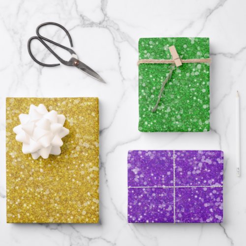 Mardi Gras Gold Purple Green Faux Glitter Bling Wrapping Paper Sheets