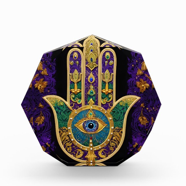 Mardi Gras Gold Purple Green Hamsas Art Acrylic Award (Front)