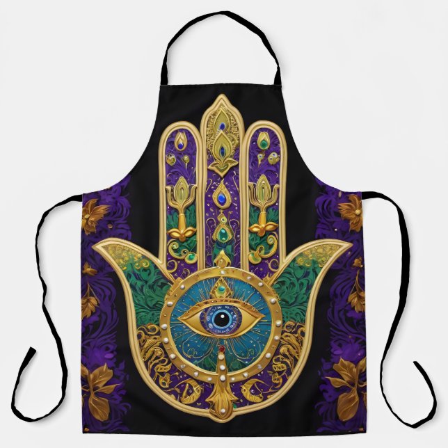 Mardi Gras Gold Purple Green Hamsas Art Apron (Front)