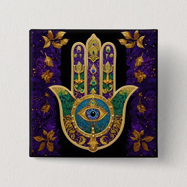 Mardi Gras Gold Purple Green Hamsas Art Button (Front)