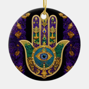 Mardi Gras Gold Purple Green Hamsas Art Ceramic Ornament