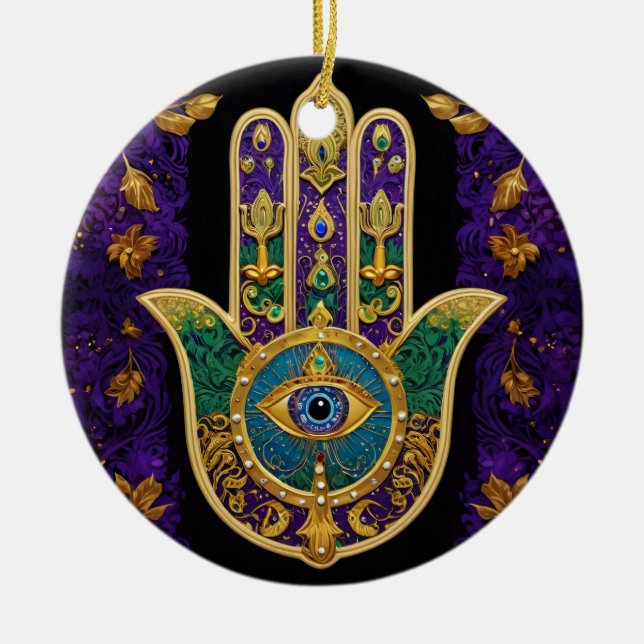 Mardi Gras Gold Purple Green Hamsas Art Ceramic Ornament (Front)