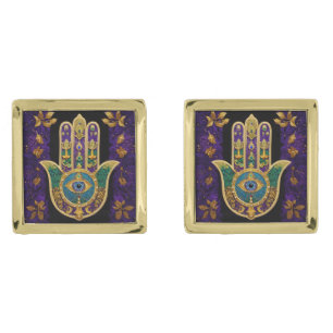 Mardi Gras Gold Purple Green Hamsas Art Cufflinks