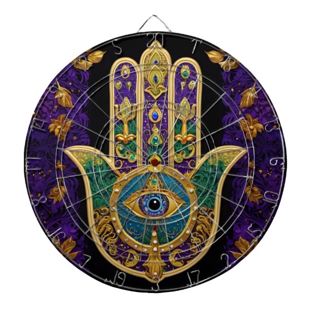 Mardi Gras Gold Purple Green Hamsas Art Dart Board (Front)