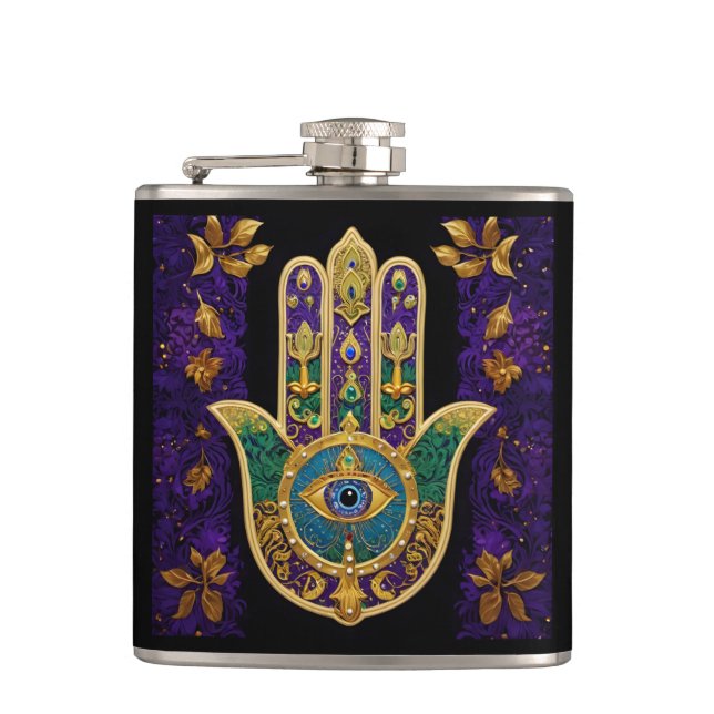 Mardi Gras Gold Purple Green Hamsas Art Flask (Front)