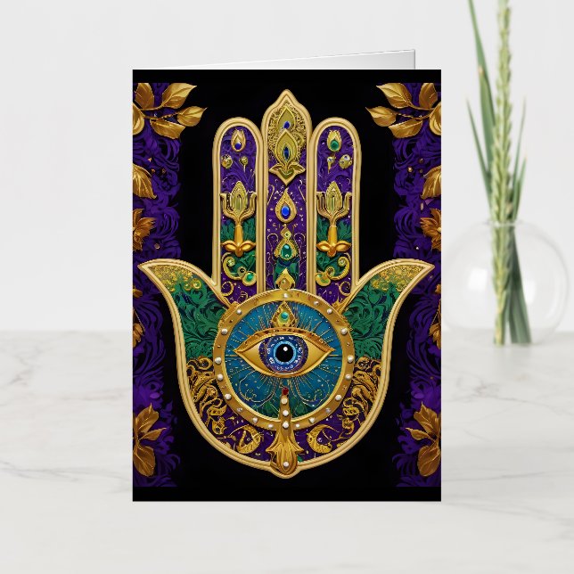 Mardi Gras Gold Purple Green Hamsas Art Foil Greeting Card (Front)