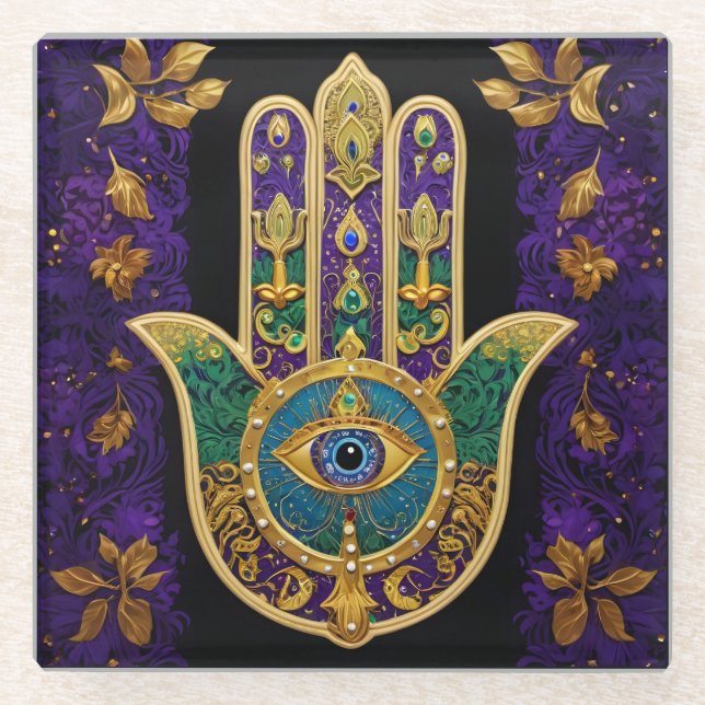 Mardi Gras Gold Purple Green Hamsas Art Glass Coaster (Front)