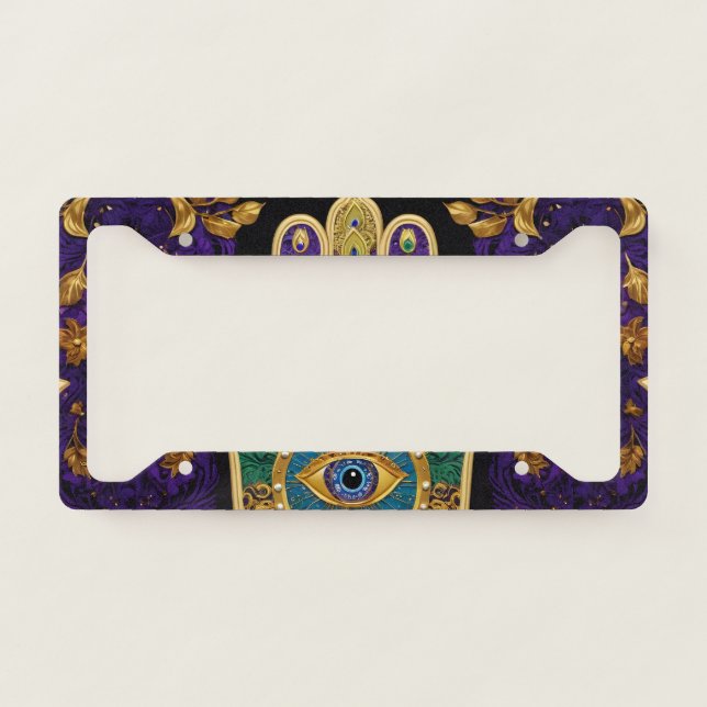 Mardi Gras Gold Purple Green Hamsas Art License Plate Frame (Front)