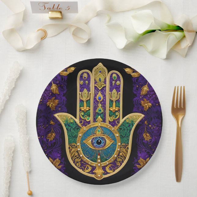 Mardi Gras Gold Purple Green Hamsas Art Paper Plates (Wedding)