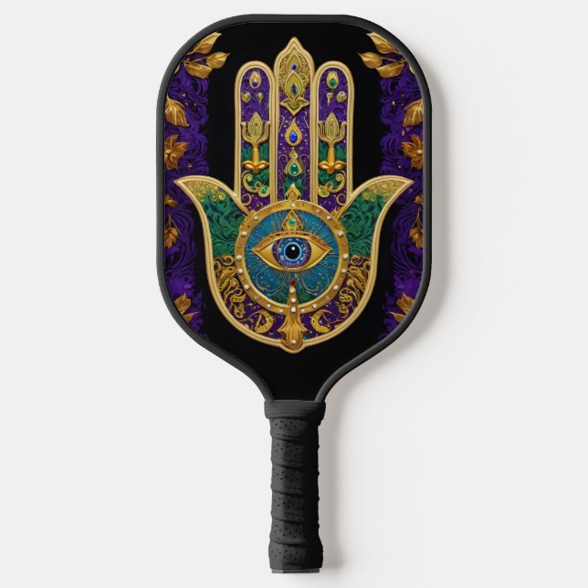 Mardi Gras Gold Purple Green Hamsas Art Pickleball Paddle (Front)