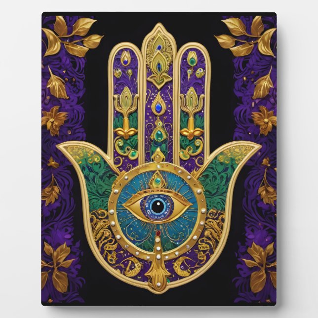 Mardi Gras Gold Purple Green Hamsas Art Plaque (Front)