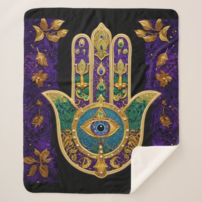 Mardi Gras Gold Purple Green Hamsas Art Sherpa Blanket (Front)