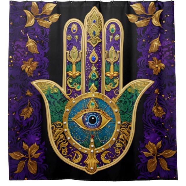 Mardi Gras Gold Purple Green Hamsas Art Shower Curtain (Front)
