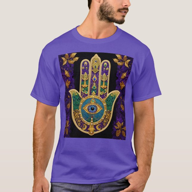 Mardi Gras Gold Purple Green Hamsas Art T-Shirt (Front)