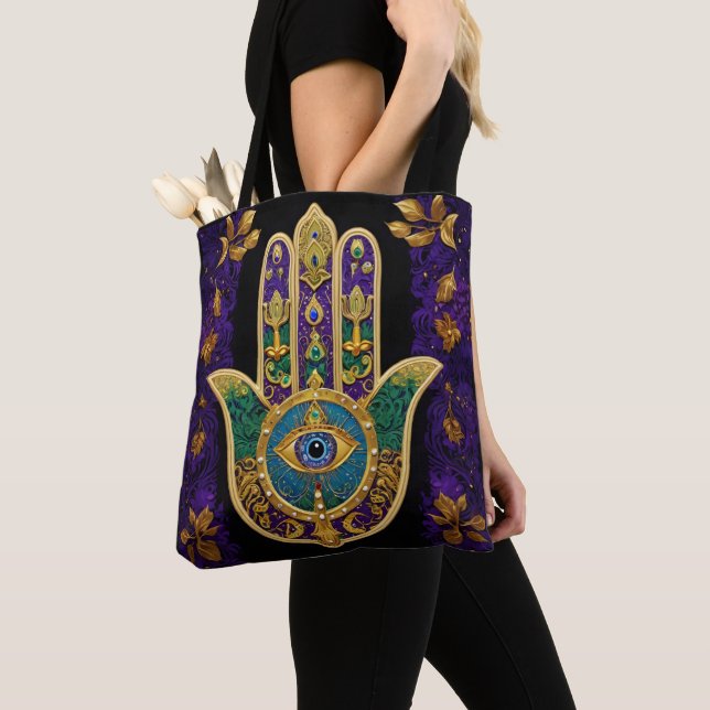 Mardi Gras Gold Purple Green Hamsas Art Tote Bag (Close Up)